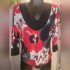 Clara S Black, White and Red Floral Print Drape Neckline Top L